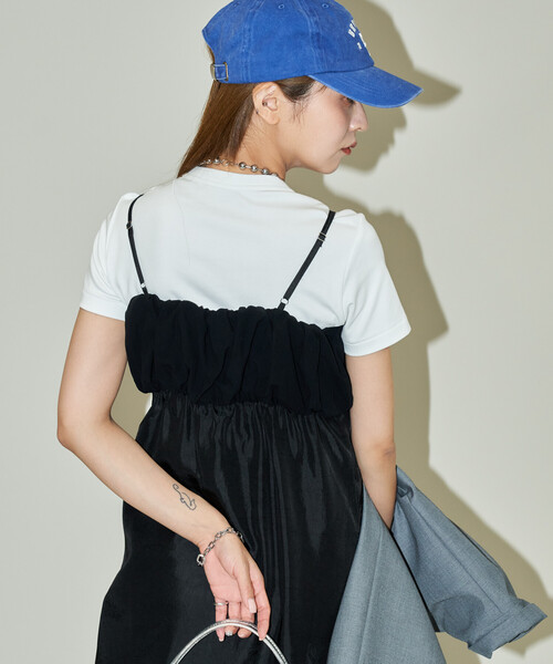 PUBLUX(パブリュクス)の「PUBLUX/パブリュクス 異素材 シャーリング サテン ワンピース 限定展開(ワンピース・レディース・ベージュ/ブラック・フリ-)」の5枚目の写真