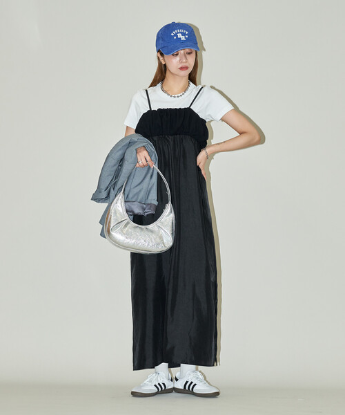 PUBLUX(パブリュクス)の「PUBLUX/パブリュクス 異素材 シャーリング サテン ワンピース 限定展開(ワンピース・レディース・ベージュ/ブラック・フリ-)」の6枚目の写真