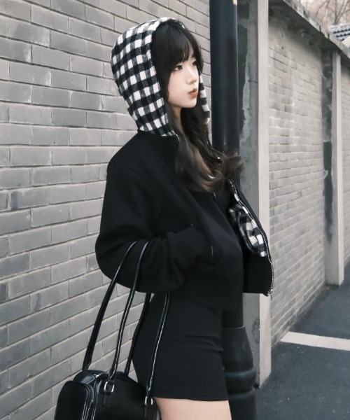 セール】【秋冬新作】ブロックチェック柄フードオーバーサイズパーカー