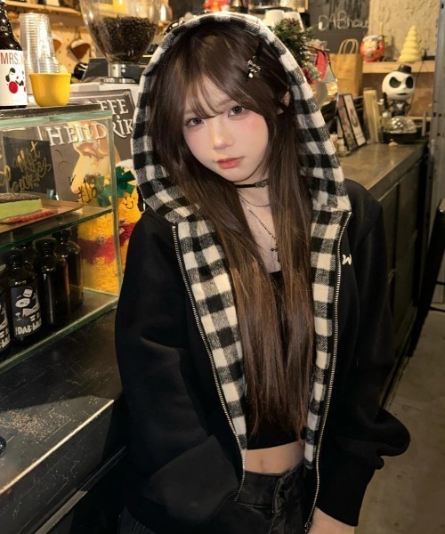 セール】【秋冬新作】ブロックチェック柄フードオーバーサイズパーカー