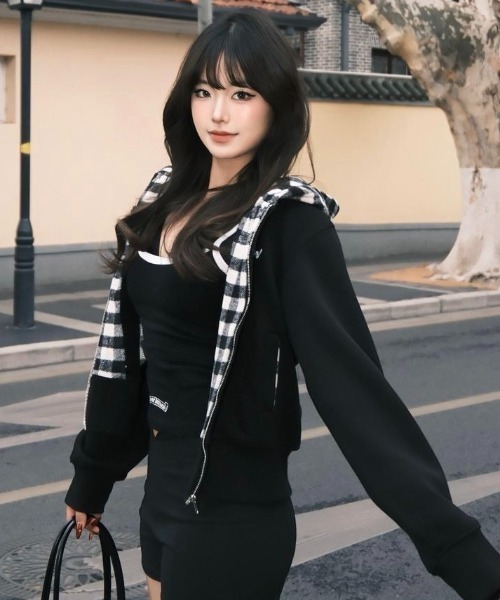 セール】【秋冬新作】ブロックチェック柄フードオーバーサイズパーカー