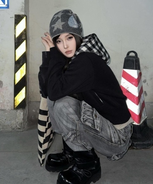 セール】【秋冬新作】ブロックチェック柄フードオーバーサイズパーカー