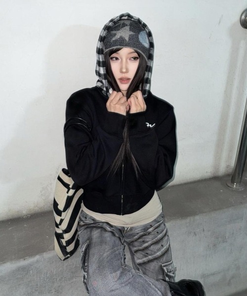 セール】【秋冬新作】ブロックチェック柄フードオーバーサイズパーカー