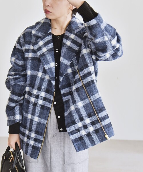 セール】quaranciel: ボンディング チェック ライダース コート