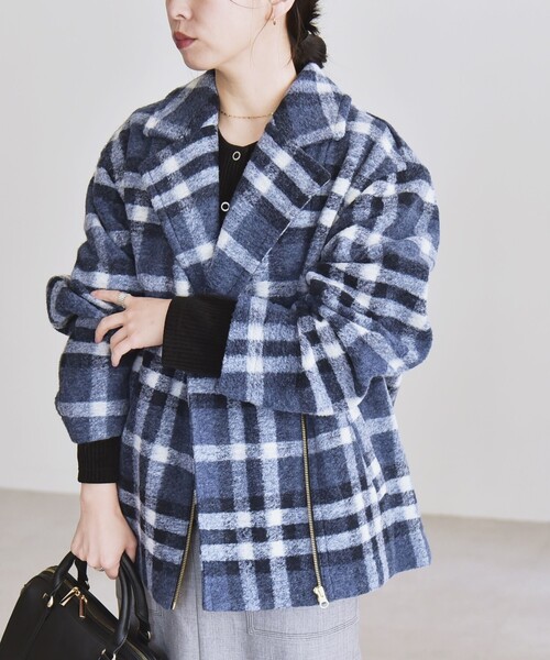 カランシエル（quaranciel）/quaranciel: ボンディング チェック ライダース コート セール】quaranciel: ボンディング チェック ライダース コート