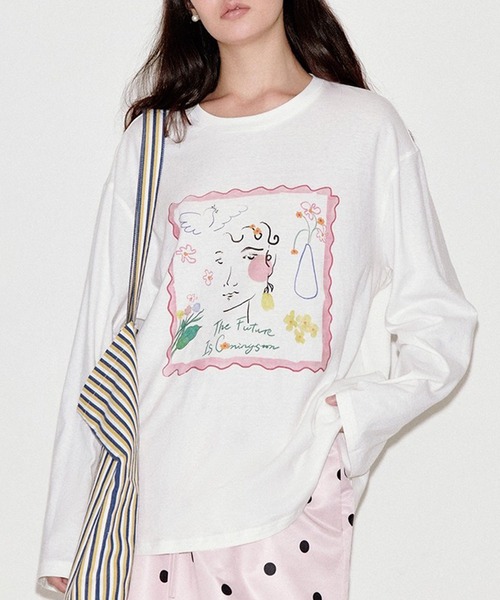 手描き風プリント ドロップショルダー ロングTシャツ FQ25S062