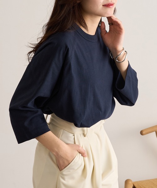 CROSS & STITCH(クロスステッチ)の「【Cross&Stitch】オープンエンド リラックスフィット ラグランTシャツ 七分袖 ロンT OE1250(Tシャツ/カットソー・レディース・ベージュ/ネイビー/ホワイト/ブラック・S/M/L/XL)」の12枚目の写真