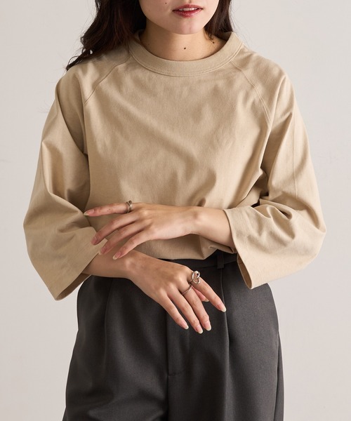 CROSS & STITCH(クロスステッチ)の「【Cross&Stitch】オープンエンド リラックスフィット ラグランTシャツ 七分袖 ロンT OE1250(Tシャツ/カットソー・レディース・ベージュ/ネイビー/ホワイト/ブラック・S/M/L/XL)」の5枚目の写真