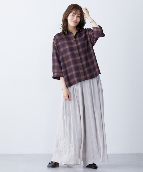 slattgir（スラットジール）の「高身長　シアーチェック七分袖シャツ（吸汗速乾・防シワ）（トールサイズ）（シャツ/ブラウス・レディース・ホワイト系/ブラウン系・TM/TL/TLL/T3L/T4L/T5L）」の6枚目の写真