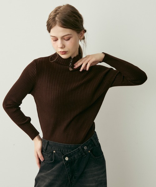 セール】スリットボタンデザインハイネックニットトップス（ニット