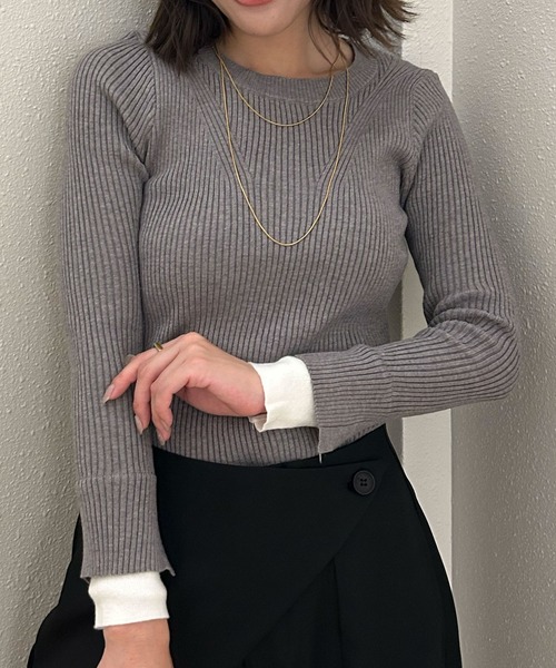 セール】【2025AW】レイヤード風 ニット 長袖 リブニット トップス 秋