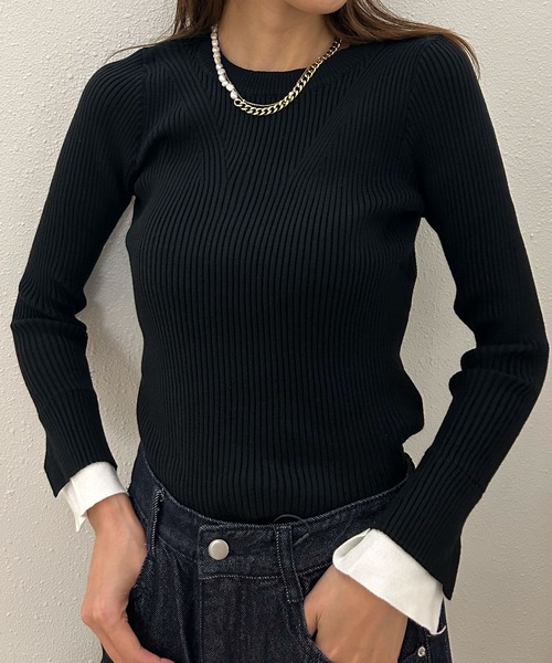 ユキ★ESSENTIAL レイヤードデザインリブトップス ブラック セール】【2025AW】レイヤード風 ニット 長袖 リブニット トップス 秋