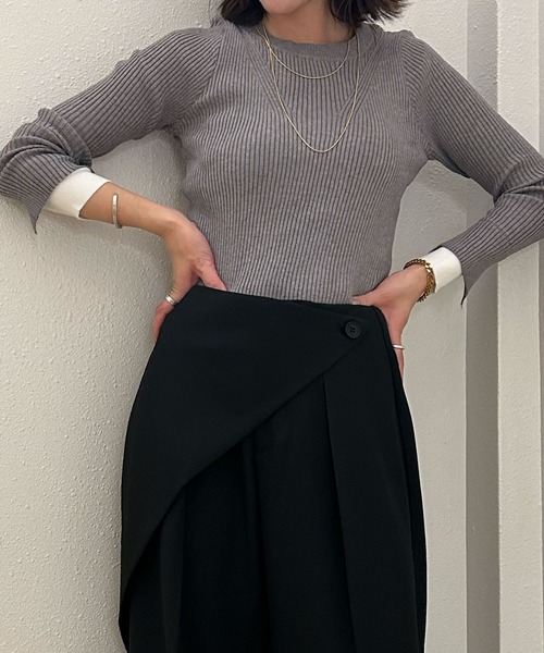 Ampirula(アンピルーラ)の「レイヤード風 ニット 長袖 リブニット トップス 秋 秋冬 プルオーバー 冬 レディース(ニット/セーター・レディース・ブラック/グレー・FREE)」の7枚目の写真