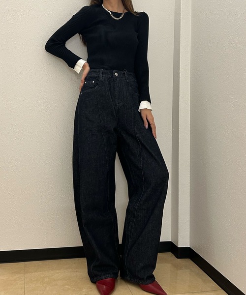 Ampirula(アンピルーラ)の「レイヤード風 ニット 長袖 リブニット トップス 秋 秋冬 プルオーバー 冬 レディース(ニット/セーター・レディース・ブラック/グレー・FREE)」の9枚目の写真