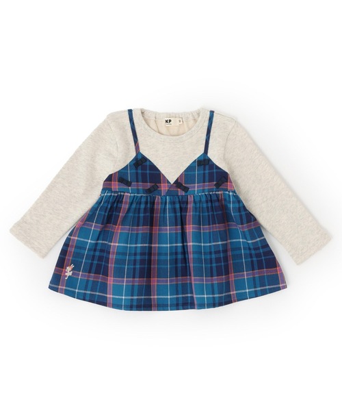 KP(ケーピー)の「ヘリンボンチェック×裏毛 レイヤード風トレーナー(スウェット・キッズ・ネイビー/オートミール・90cm/80cm/140cm/130cm/120cm/110cm/100cm)」の2枚目の写真