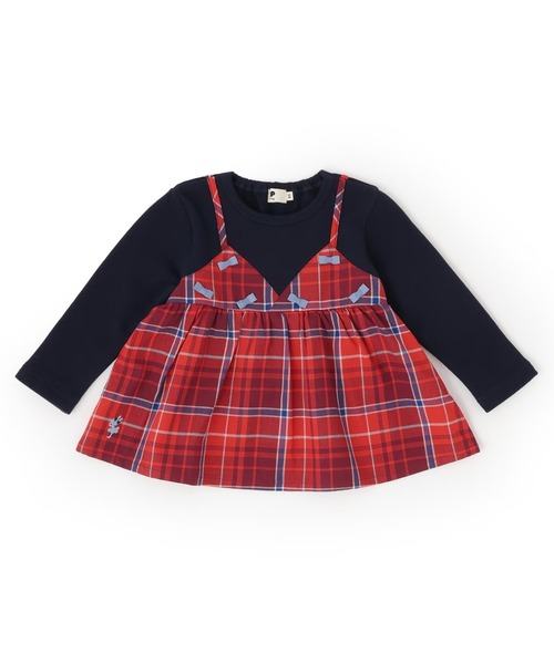 KP(ケーピー)の「ヘリンボンチェック×裏毛 レイヤード風トレーナー(スウェット・キッズ・ネイビー/オートミール・90cm/80cm/140cm/130cm/120cm/110cm/100cm)」の1枚目の写真