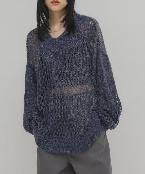 KBF（ケイビーエフ）の「シースルースパンコールニット（ニット/セーター・レディース・ピンク/ネイビー・ONE）」の2枚目の写真