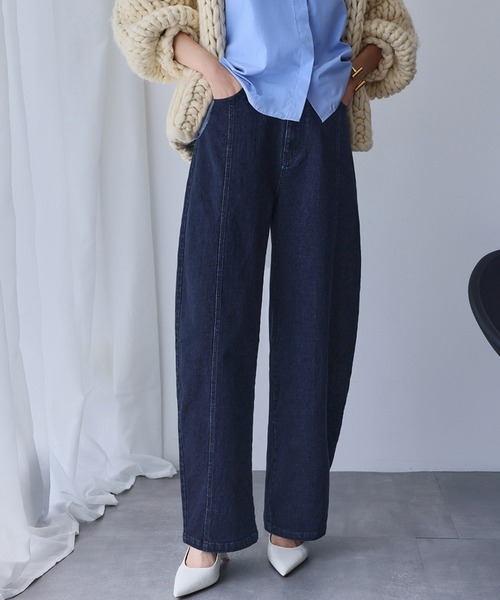 ELFRANK(エルフランク)の「ハイウエスト カーブ デニムパンツ ジーンズ【洗える】(デニムパンツ・レディース・グレー/インディゴブルー・S/M/L)」の2枚目の写真