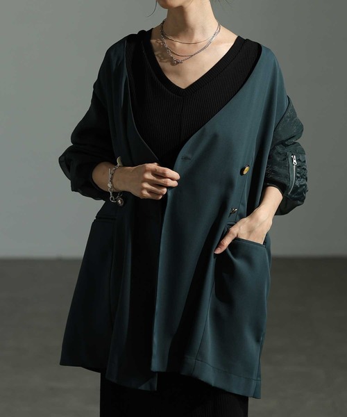 Sawa a la mode(サワアラモード)の「異素材ミックスジャケット(ノーカラージャケット・レディース・ブラック/グリーン・FREE)」の2枚目の写真