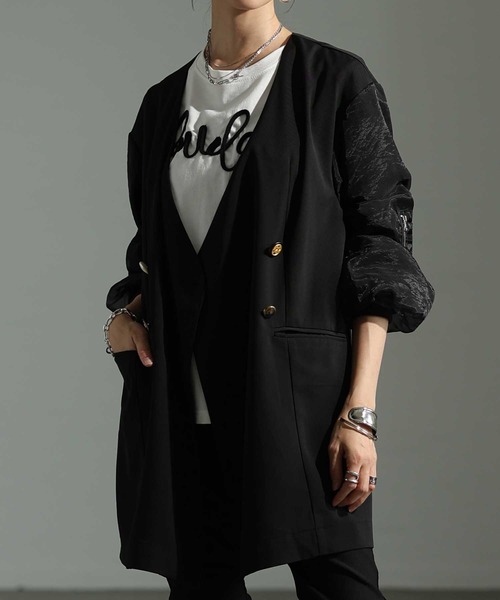Sawa a la mode(サワアラモード)の「異素材ミックスジャケット(ノーカラージャケット・レディース・ブラック/グリーン・FREE)」の1枚目の写真