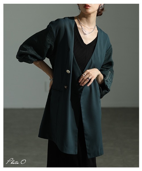 Sawa a la mode(サワアラモード)の「異素材ミックスジャケット(ノーカラージャケット・レディース・ブラック/グリーン・FREE)」の3枚目の写真