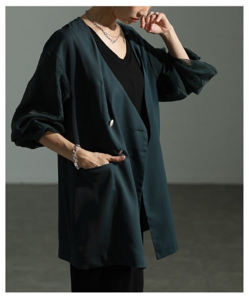 Sawa a la mode(サワアラモード)の「異素材ミックスジャケット(ノーカラージャケット・レディース・ブラック/グリーン・FREE)」の5枚目の写真