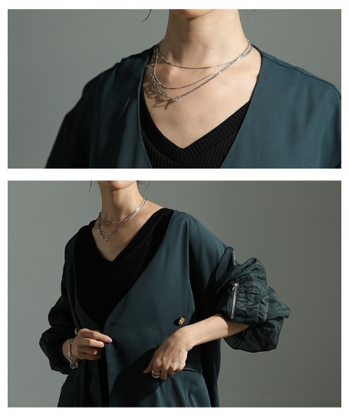 Sawa a la mode(サワアラモード)の「異素材ミックスジャケット(ノーカラージャケット・レディース・ブラック/グリーン・FREE)」の6枚目の写真