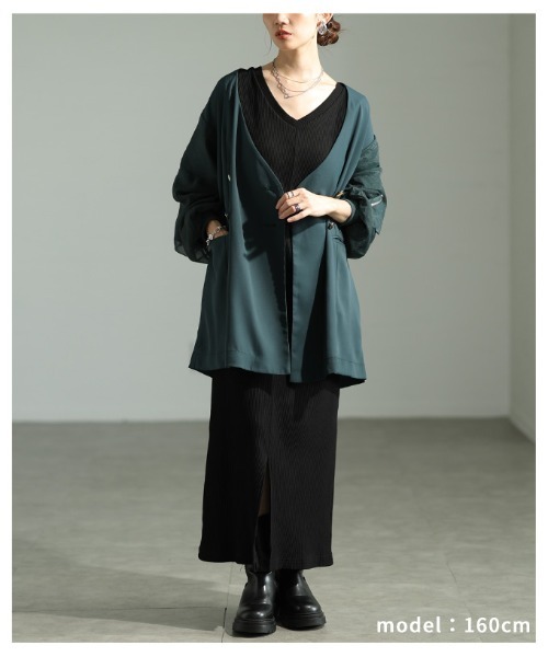 Sawa a la mode(サワアラモード)の「異素材ミックスジャケット(ノーカラージャケット・レディース・ブラック/グリーン・FREE)」の8枚目の写真