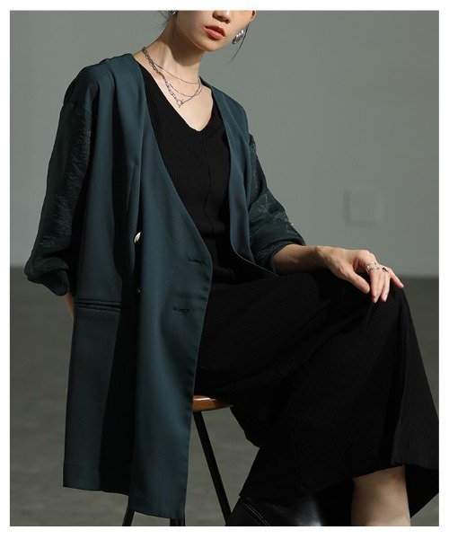 Sawa a la mode(サワアラモード)の「異素材ミックスジャケット(ノーカラージャケット・レディース・ブラック/グリーン・FREE)」の10枚目の写真