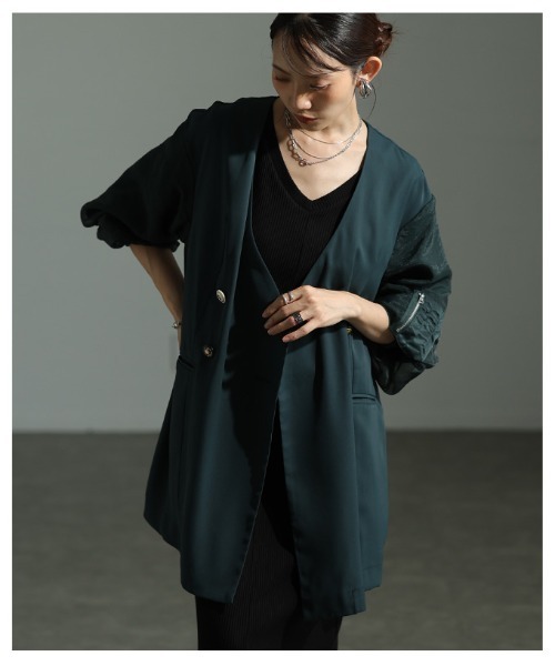 Sawa a la mode(サワアラモード)の「異素材ミックスジャケット(ノーカラージャケット・レディース・ブラック/グリーン・FREE)」の13枚目の写真