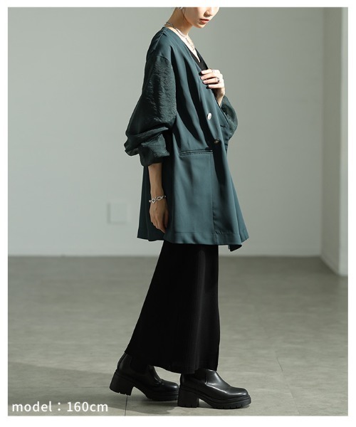 Sawa a la mode(サワアラモード)の「異素材ミックスジャケット(ノーカラージャケット・レディース・ブラック/グリーン・FREE)」の14枚目の写真