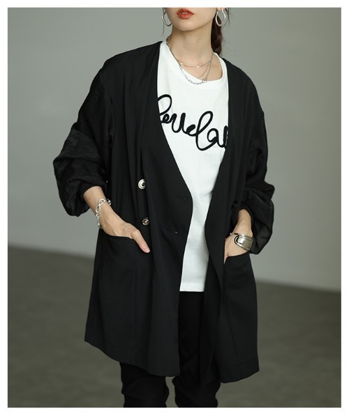 Sawa a la mode(サワアラモード)の「異素材ミックスジャケット(ノーカラージャケット・レディース・ブラック/グリーン・FREE)」の15枚目の写真