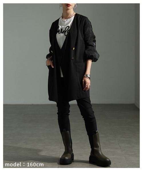Sawa a la mode(サワアラモード)の「異素材ミックスジャケット(ノーカラージャケット・レディース・ブラック/グリーン・FREE)」の16枚目の写真