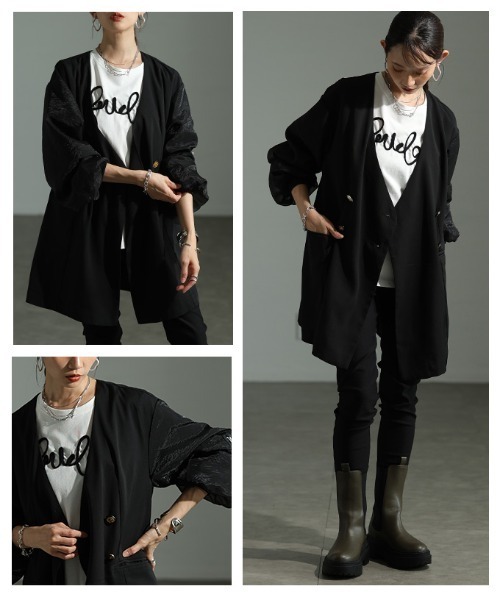 Sawa a la mode(サワアラモード)の「異素材ミックスジャケット(ノーカラージャケット・レディース・ブラック/グリーン・FREE)」の18枚目の写真
