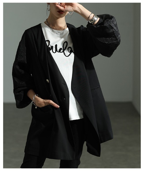 Sawa a la mode(サワアラモード)の「異素材ミックスジャケット(ノーカラージャケット・レディース・ブラック/グリーン・FREE)」の22枚目の写真