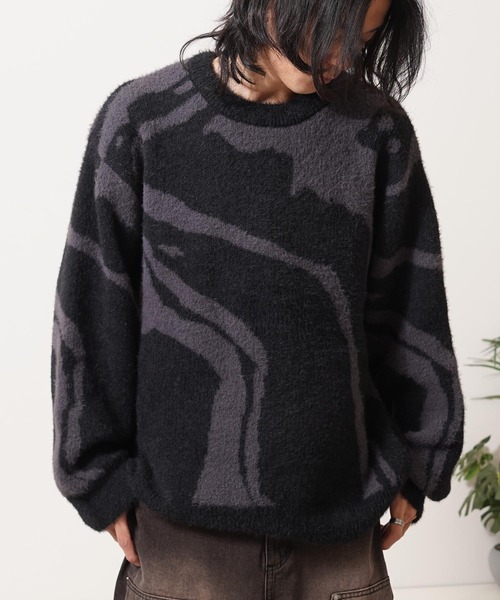 1111clothing(ワンフォークロージング)の「マーブル柄 ルーズ フェザーニット / Marble Pattern Loose Feather Knit(ニット/セーター・メンズ・ブラック系1/ブラック系3/ナチュラル/ブラック系2・M/L)」の2枚目の写真