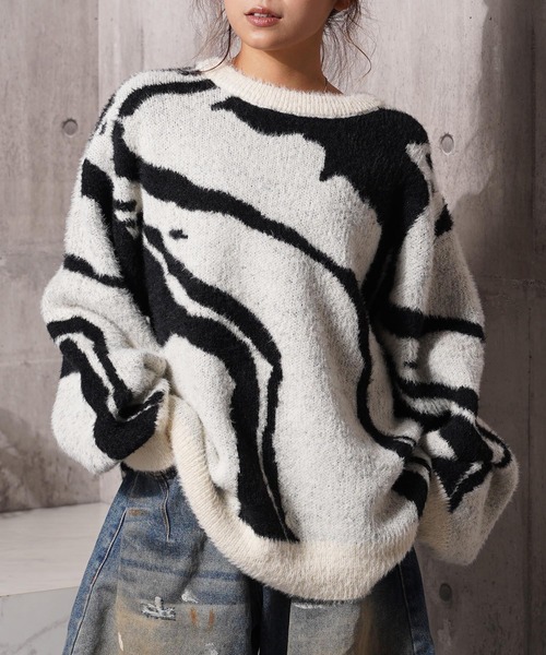 1111clothing(ワンフォークロージング)の「マーブル柄 ルーズ フェザーニット / Marble Pattern Loose Feather Knit(ニット/セーター・メンズ・ブラック系1/ブラック系3/ナチュラル/ブラック系2・M/L)」の1枚目の写真