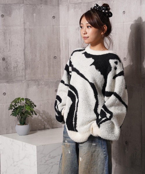 1111clothing(ワンフォークロージング)の「マーブル柄 ルーズ フェザーニット / Marble Pattern Loose Feather Knit(ニット/セーター・メンズ・ブラック系1/ブラック系3/ナチュラル/ブラック系2・M/L)」の13枚目の写真