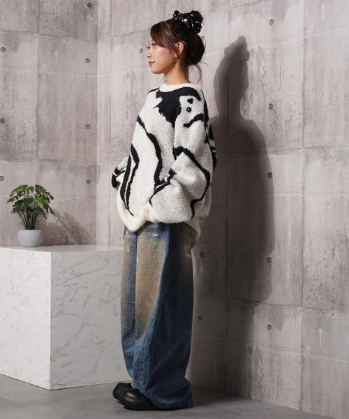 1111clothing(ワンフォークロージング)の「マーブル柄 ルーズ フェザーニット / Marble Pattern Loose Feather Knit(ニット/セーター・メンズ・ブラック系1/ブラック系3/ナチュラル/ブラック系2・M/L)」の14枚目の写真