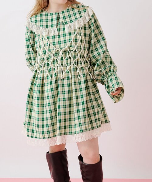 w closet（ダブルクローゼット）の「Am レース衿チュニックワンピース（チュニック・レディース・グリーン/ネイビー・FREE）」の6枚目の写真