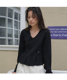 V-neck Flare Shirring Knit [Black]