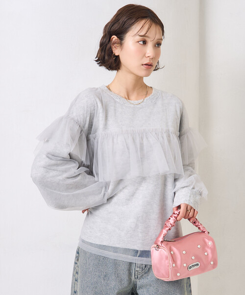 FREAK'S STORE(フリークスストア)の「チュール レイヤード ドッキング ニット/チュール重ねニット(ニット/セーター・レディース・ブラック/ライトグレー・フリ-)」の6枚目の写真