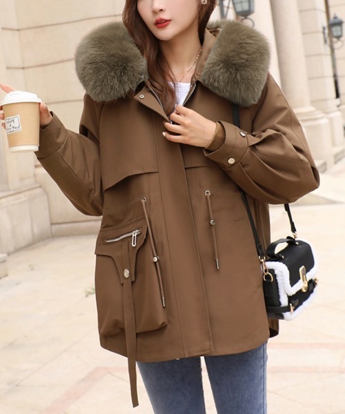 MHL. 中綿ライナー フード付き 2way モッズコート アウター 茶 S セール】ファーフード付きモッズコートレディース冬（ダウンジャケット