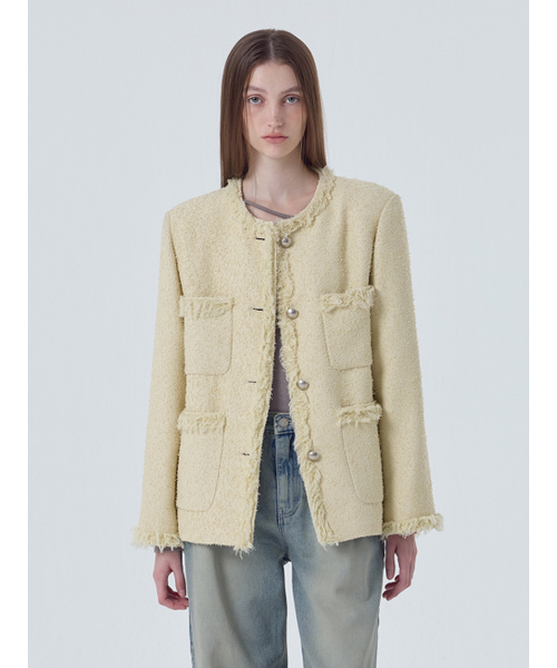 ETMON(エトモン)の「Fringe Pocket Tweed Jacket, Cream Yellow(その他アウター・レディース・その他・FREE)」の1枚目の写真