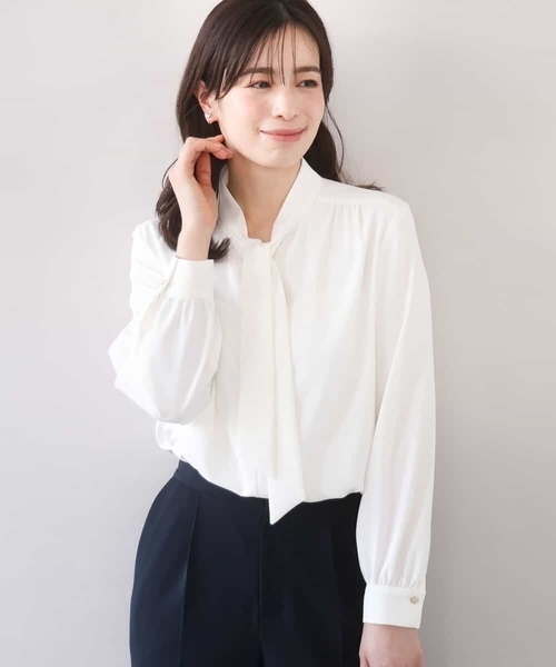 OFUON le MK（オフオンルエムケー）の「【2026SS】スムースジョーゼットボウブラウス/洗える/WEB限定サイズあり（シャツ/ブラウス・レディース・ミント/ホワイト・40/38/36）」の2枚目の写真