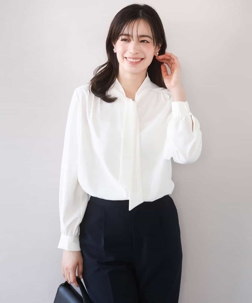 OFUON le MK（オフオンルエムケー）の「【2026SS】スムースジョーゼットボウブラウス/洗える/WEB限定サイズあり（シャツ/ブラウス・レディース・ミント/ホワイト・40/38/36）」の3枚目の写真