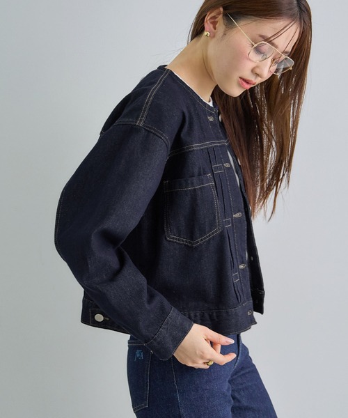 Futier land（フューティアランド）の「ノーカラーデニムジャケット（デニムジャケット・レディース・インディゴブルー/ライトブルー・FREE）」の2枚目の写真
