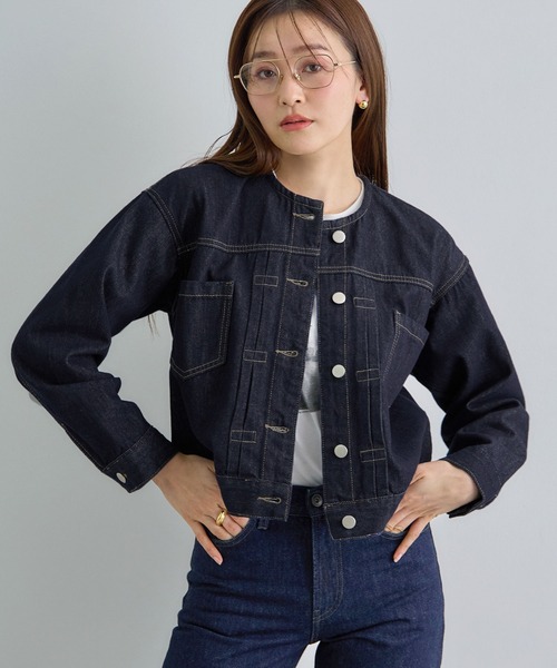 Futier land（フューティアランド）の「ノーカラーデニムジャケット（デニムジャケット・レディース・インディゴブルー/ライトブルー・FREE）」の5枚目の写真