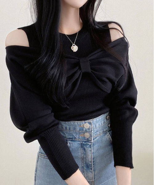 gossip!ロサンゼルス(ゴシップロサンゼルス)の「Y2K リボンオフショルロングスリーブトップス(ニット/セーター・レディース・ブラック・M)」の5枚目の写真