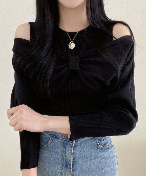 gossip!ロサンゼルス(ゴシップロサンゼルス)の「Y2K リボンオフショルロングスリーブトップス(ニット/セーター・レディース・ブラック・M)」の6枚目の写真